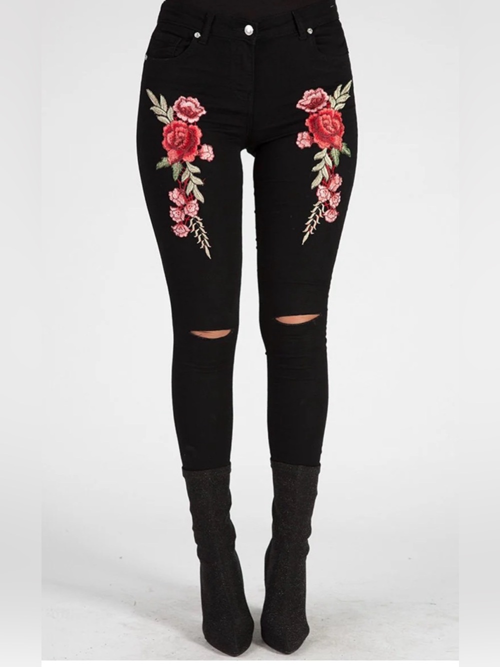 Parisian Works Y2K Black Skinny Jeans with Rose Embroidery